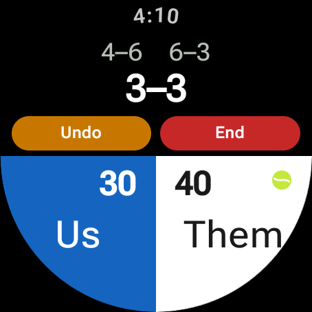 BluePadel watch — Half-and-half skin showing a live match