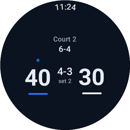 BluePadel watch showing a live auto-score: Court 2, 6-4, 40 to 30 in set 2
