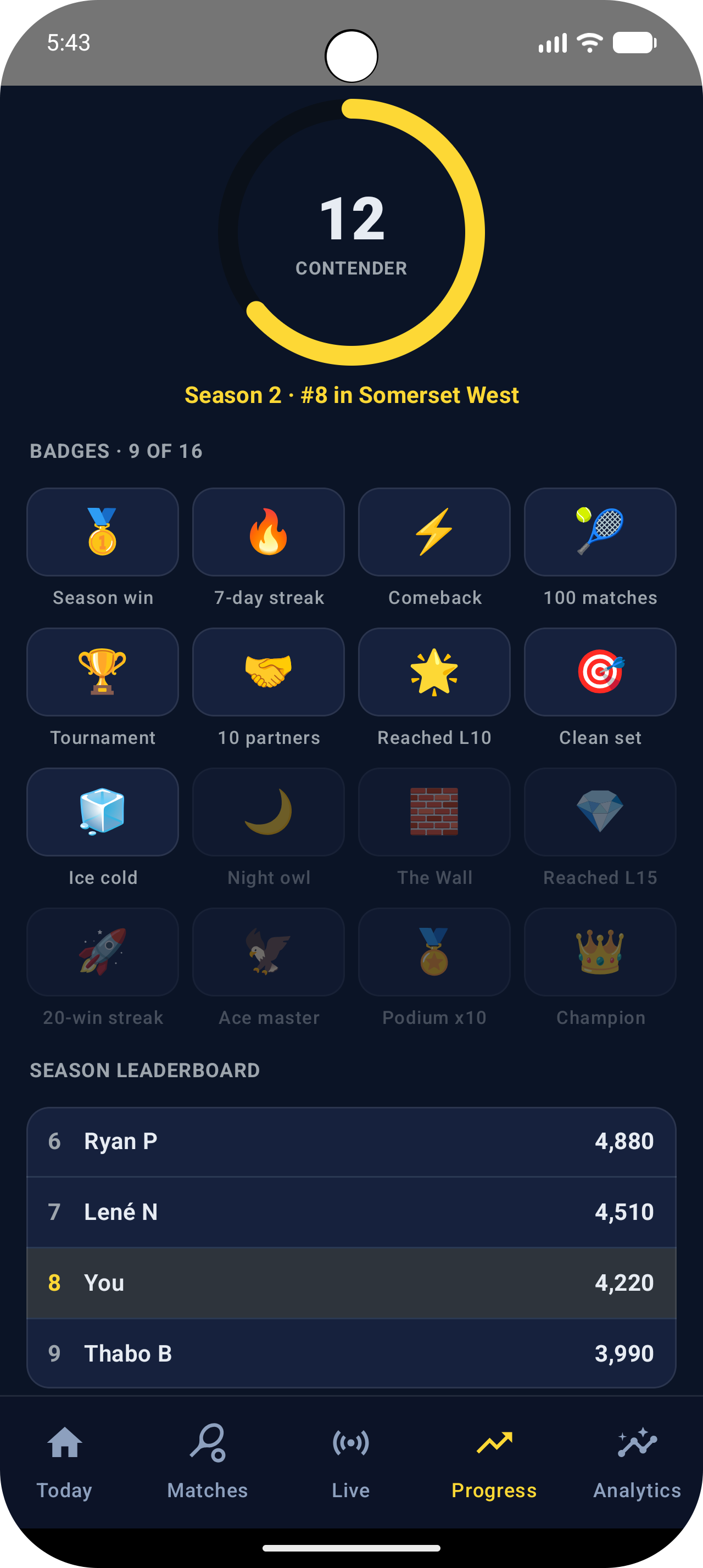 Progress — level up with badges and seasons