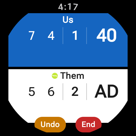 BluePadel watch — Broadcast skin with per-set scoreboard rows for each side